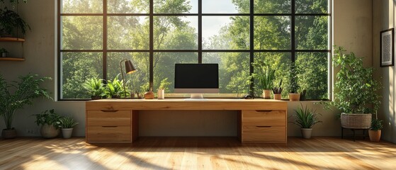 Home office setup with plants bright room digital workspace modern design