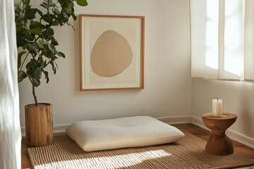 A meditation corner featuring a light wood platform with a soft mat, a linen cushion, and a small ceramic bowl holding a candle. 