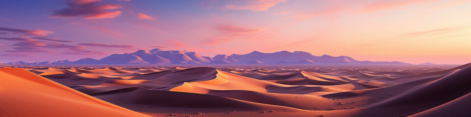 Vast orange sand dunes stretch beneath a breathtaking purple sky at sunset, creating a serene desert landscape filled with natural beauty