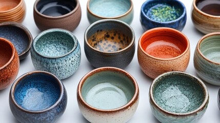 Artisan pottery display creative studio collection bright lighting close-up