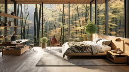 Spacious bedroom features large windows with stunning views of lush greenery and natural light, creating a serene retreat for relaxation and rest