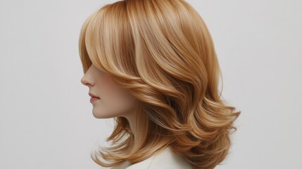 Fototapeta premium Stunning Blonde Hair Style: A Profile View of a Woman with Luxurious Wavy Locks and Soft Highlights