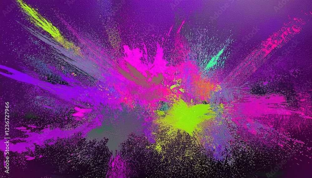 Poster vibrant abstract explosion of multicolored paint splashes with dynamic swirling lines in red, green, yellow, and orange, perfect for modern art prints, creative background