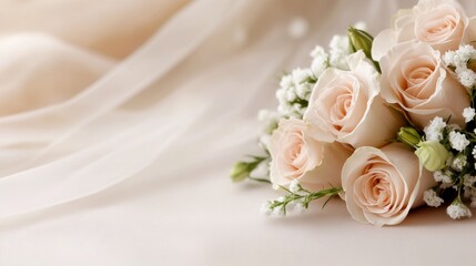 Obraz premium Elegant wedding background featuring soft roses and delicate fabric for design inspiration