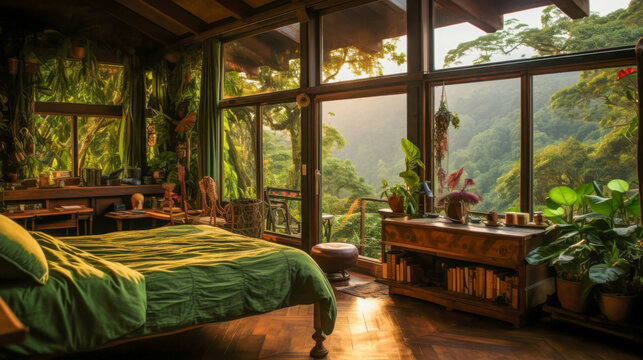 Spacious bedroom features large windows with stunning views of lush greenery and natural light, creating a serene retreat for relaxation and rest