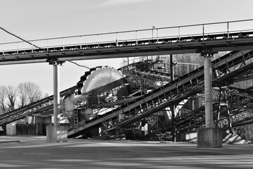 Conveyor belts of a gravel works, produces piles rock and gravel for use in construction work