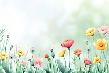 Fototapeta premium Watercolor illustration of colorful wildflowers with soft green background