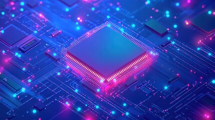 CPU glowing on circuit board, technology background, digital future