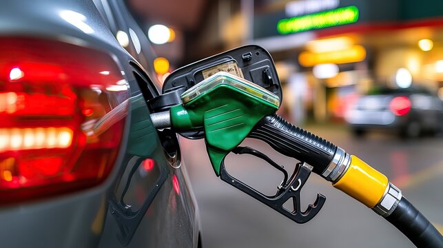 A close-up of a fuel pump nozzle inserted into a car's gas tank at a brightly lit gas station, highlighting the fuel dispensing process.