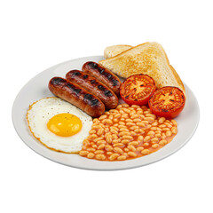 Full English Breakfast with Fried Eggs, Bacon, Sausages, and Baked Beans Isolated on Transparent Background