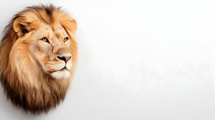 Majestic lion head, white background, wildlife portrait, ideal for advertising