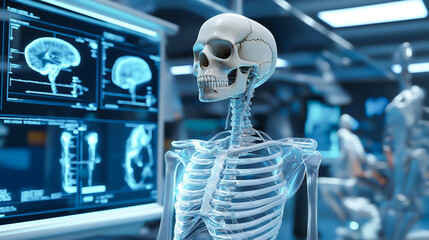A human skeleton with realistic holographic displayed in a futuristic hospital, helping surgeons plan for an upcoming operation