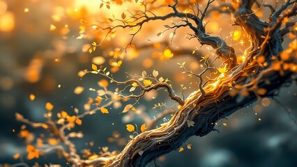 Abstract background with golden tree branches forming a stunning and intricate design, illuminated by golden light