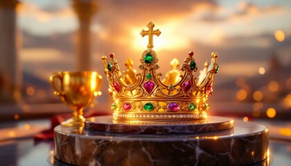 Obraz premium Majestic Golden Crown with Gemstones at Sunset Regal Achievement and Power Symbol