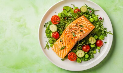 Pan-seared salmon fillet on a bed of fresh salad greens, cherry tomatoes, cucumbers, and peas.