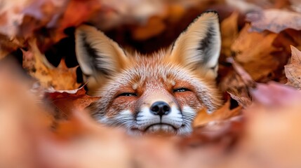 Fototapeta premium A fox peeks through vibrant autumn leaves, showcasing its beautiful fur and peaceful expression in a serene natural setting.
