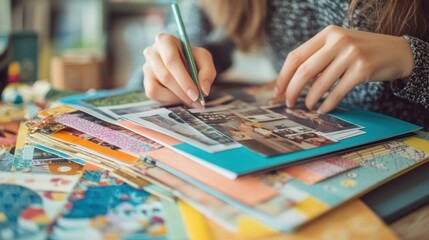 Fototapeta premium Crafting Memories: A Woman Designing a Scrapbook Filled with Cherished Photographs and Colorful Papers