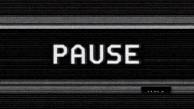 TV screen texture with glitch text PAUSE. HDTV no signal problems. Bad TV signal on TV screen Noise of motion background lines. Glitch VHS. Retro concept. Glitch camera effect. Video rewind texture