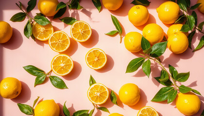 Obraz premium Numerous whole and halved lemons are displayed on a soft pink surface. The bright yellow citrus is accompanied by green leaves, creating a fresh and inviting arrangement