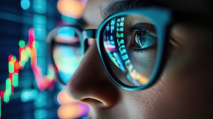 Crypto trader wearing eyeglasses working looking at computer screen reflecting in glasses analyzing online trading stock exchange market financial data charts. Close up eye in spectacles reflection.