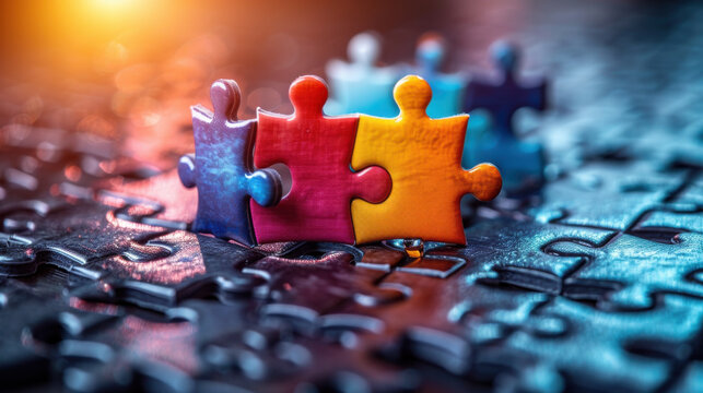 Vibrant glossy puzzle pieces stand out against dark background, creating striking visual