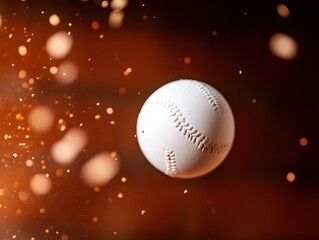A close-up of a white baseball suspended in the air, surrounded by a blurred, dynamic background of particles, conveying motion and energy.