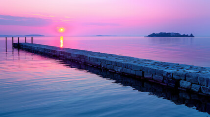 serene sunset casts vibrant orange and pink hues over calm waters, reflecting on stone pier leading to distant island