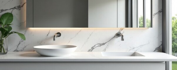 Fototapeta premium Sleek white vanity, gray marble backsplash, modern fixtures, interior, stone