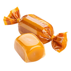 Sweet chocolate candies with caramel topping on white background