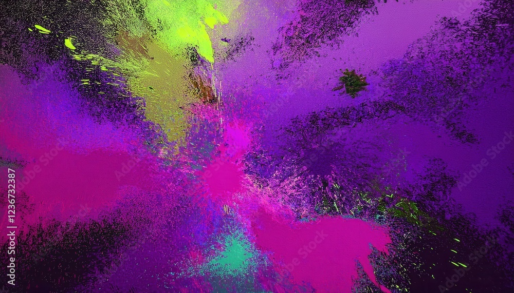Poster vibrant abstract explosion of multicolored paint splashes with dynamic swirling lines in red, green, yellow, and orange, perfect for modern art prints, creative background