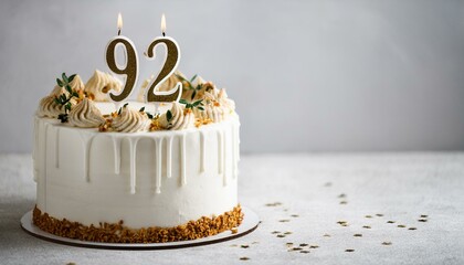 Decorated white cake for birthday or anniversary party, candle number 92, white background