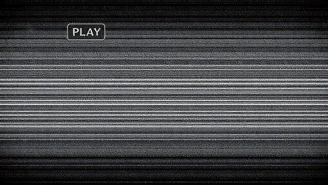 TV screen texture with glitch text PLAY. HDTV no signal problems. Bad TV signal on TV screen Noise of motion background lines. Glitch VHS. Retro play concept. Glitch camera effect.Video rewind texture