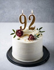 Decorated white cake for birthday or anniversary party, candle number 92, white background