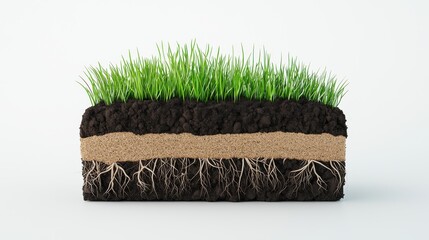 Cross-section of soil layers with grass growth showing root structure