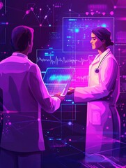 Doctors and personalized prescriptive analytics. Big data healthcare, personalized medicine, big data patient care, predictive analytics concept. Bright vibrant violet vector isolated illustration