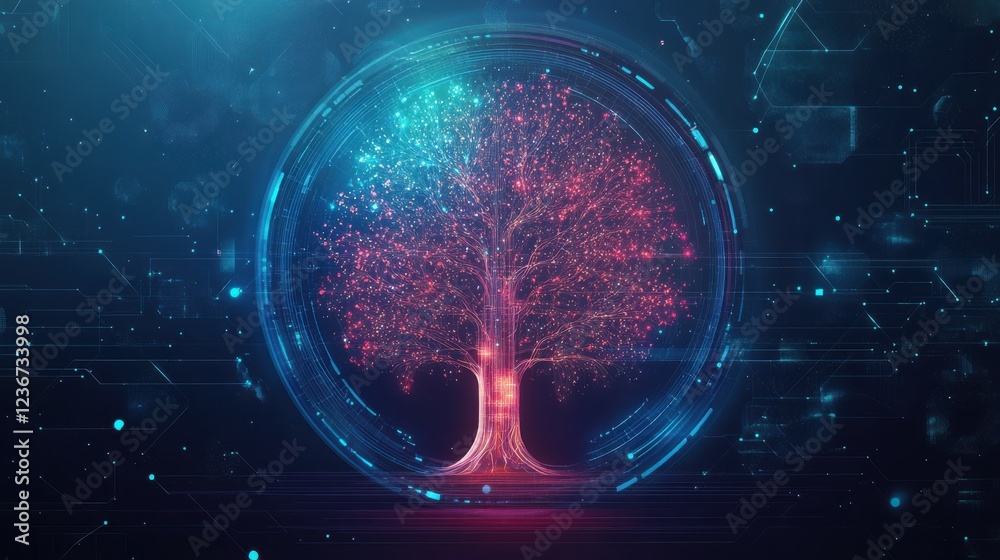 Poster vector data tree on a tech background symbolizing big data and information flow in futuristic design