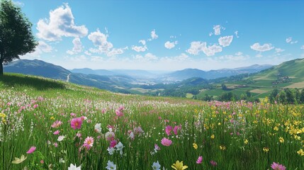 Fototapeta premium A vibrant, panoramic landscape featuring a lush, wildflower-filled meadow in the foreground. The scene is set under a clear blue sky dotted with fluffy white clouds. In the distance, rolling hills and