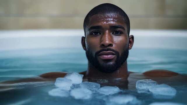 Man submerged in an ice bath with water droplets on his face