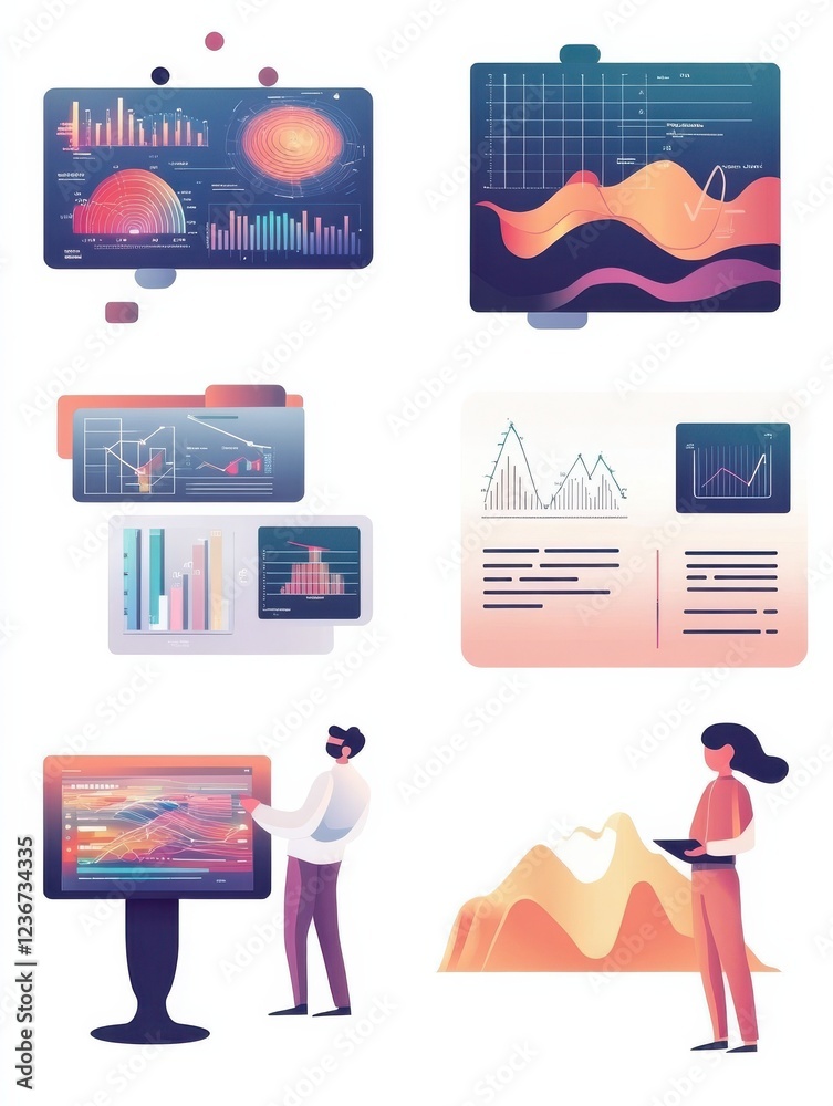 Poster big data abstract concept vector illustration set. analytics and data science, financial data manage