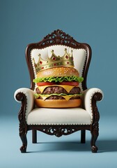 Burger with a crown on a royal chair