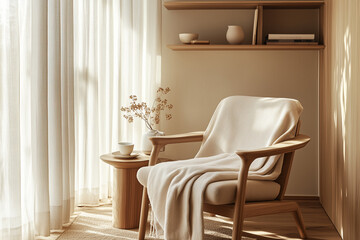 a minimal  reading nook featuring Zen-inspired decor elements like smooth stones or bamboo accents alongside the chair and bookshelf for added tranquility.