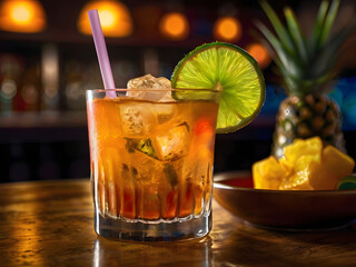 Mai Tai Cocktail: A refreshing amber cocktail garnished with a lime wedge, served on the rocks in a cut-glass tumbler.  The drink rests on a dark wooden surface, illuminated by warm, inviting light.