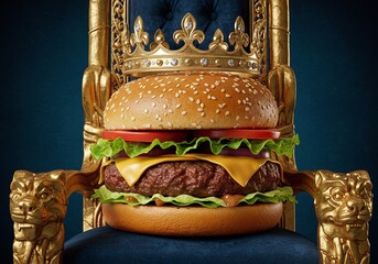 Burger with a crown on a royal chair