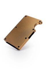 Beige metal card holder on white background, beige metal wallet, men's accessories 