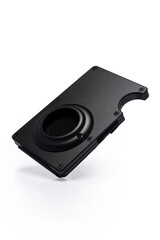 Fototapeta premium Black metal card holder on white background, black metal wallet, men's accessories 