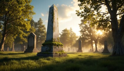 Serene Sunset at a Peaceful Cemetery:  Ancient Stones and Golden Hour Light