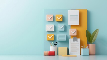 Creative Workspace with Colorful Checklists and Stationery Items