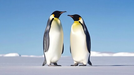 Obraz premium Two emperor penguins stand facing each other against a clear blue sky and snowy landscape, showcasing their distinctive black and white plumage.