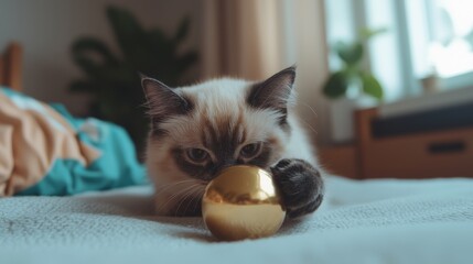 Fluffy Cat Playing with a Golden Ball in a Cozy Bedroom Fun Pet Photography Indoor Setting Whimsical Atmosphere