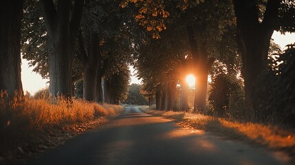 Sunset Road Through a Canopy of Trees: Golden Hour Landscape Photography
